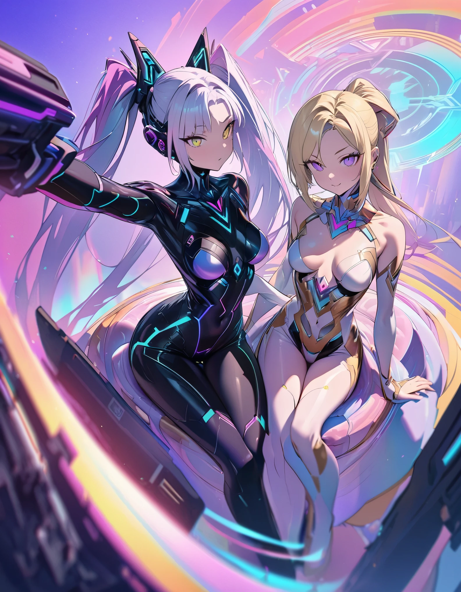 selfie, best quality, super fine, 16k, incredibly absurdres, extremely detailed, delicate and dynamic, (two cool and beautiful pretty cyber women:1.7), (cute cyber woman with purple eyes and braided low twin tails with gradient from white to purple at the ends), and (cool beauty cyber woman with gold eyes and blonde ponytail), sitting on a giant magic circle disk, analyzed iridescent pastel color background, various image beauty effects, (magnificent view:1.2)