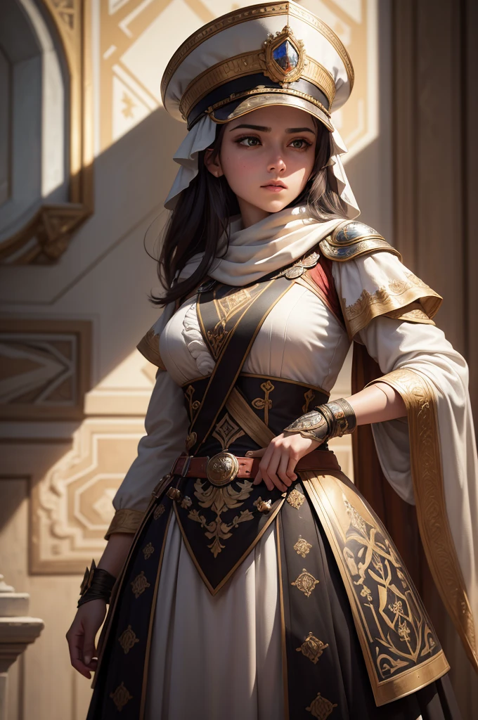 She is a Janissary a member in the elite infantry units that formed the Ottoman Sultan's household troops in the times of the fall of Constantinople, ((Best quality)), ((masterpiece)), (highly detailed:1.3), Depth-of-field, Multi-layered textures, HDR (High Dynamic Range), Ray Tracing, NVIDIA RTX, Unreal 5, Subsurface scattering, PBR Texturing, Post-processing, Anisotropic Filtering, Maximum clarity and sharpness, Wide aperture, Low ISO, White balance, Rule of thirds, 8K RAW, art, neoclassical painting, mural, Venetian painting style, oil painting,