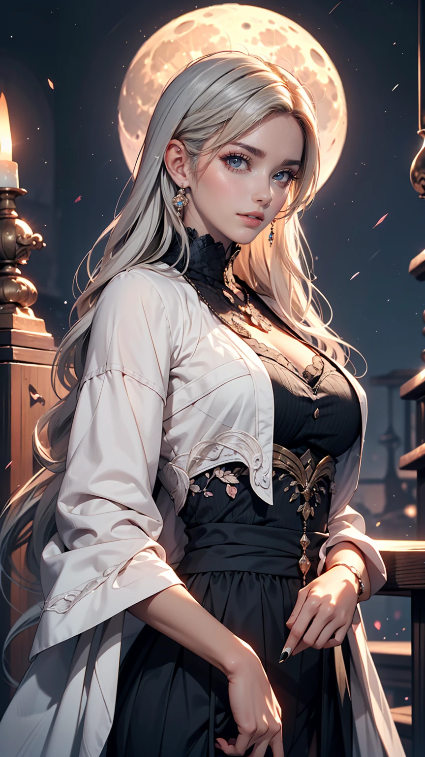 masterpiece, Awesome girl, Night moon Full moon, 1 female, Mature Woman, younger sister, Royal younger sister, Cold Face, Expressionless, A woman with long silvery white hair, Pale pink lips, Calm, intellectual, Three-striped grey eyes, Assassin's Short Knife, Flower ball background, Hand Detail, Finger details, Facial details, Eye details,