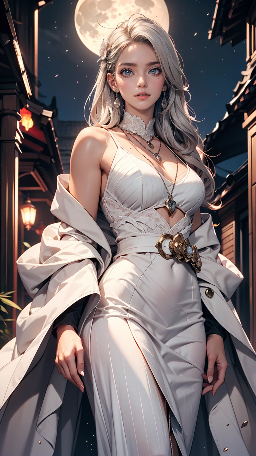 masterpiece, Awesome girl, Night moon Full moon, 1 female, Mature Woman, younger sister, Royal younger sister, Cold Face, Expressionless, A woman with long silvery white hair, Pale pink lips, Calm, intellectual, Three-striped grey eyes, Assassin's Short Knife, Flower ball background, Hand Detail, Finger details, Facial details, Eye details,