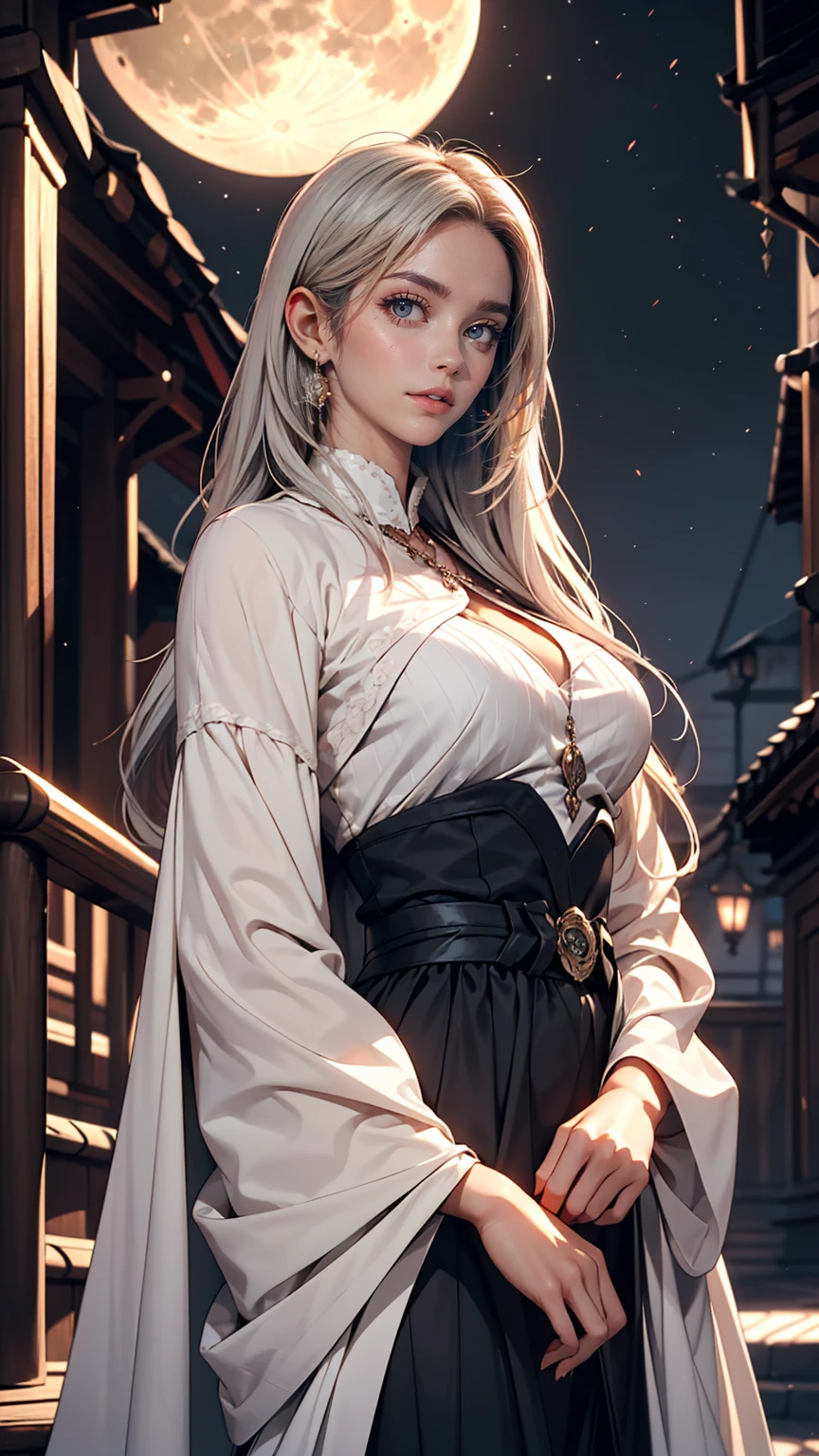 masterpiece, Awesome girl, Night moon Full moon, 1 female, Mature Woman, younger sister, Royal younger sister, Cold Face, Expressionless, A woman with long silvery white hair, Pale pink lips, Calm, intellectual, Three-striped grey eyes, Assassin&#39;s Short Knife, Flower ball background, Hand Detail, Finger details, Facial details, Eye details,