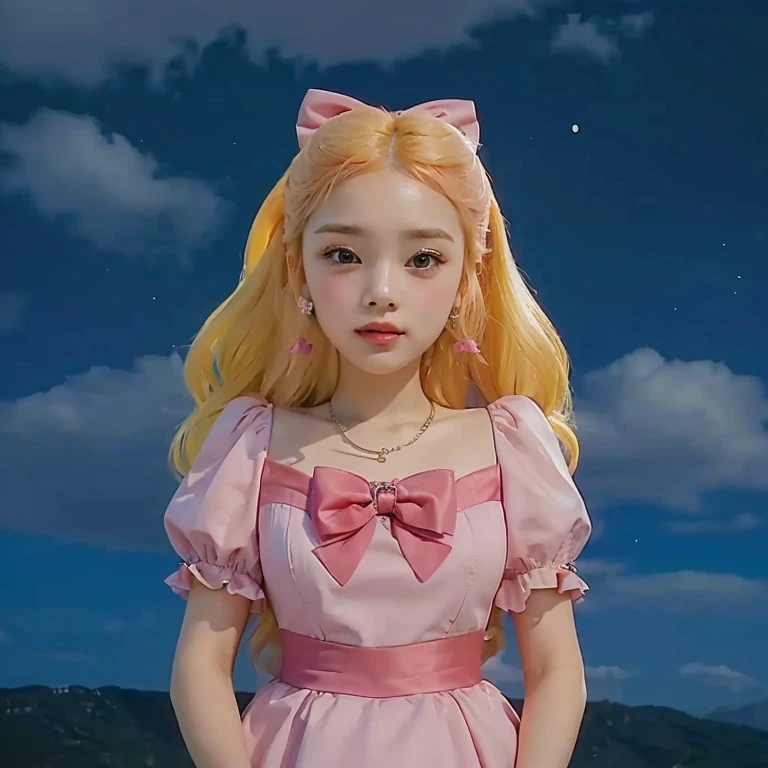 a close up of a woman in a pink dress with a pink bow, yellow hair, red earning, pink hair bow