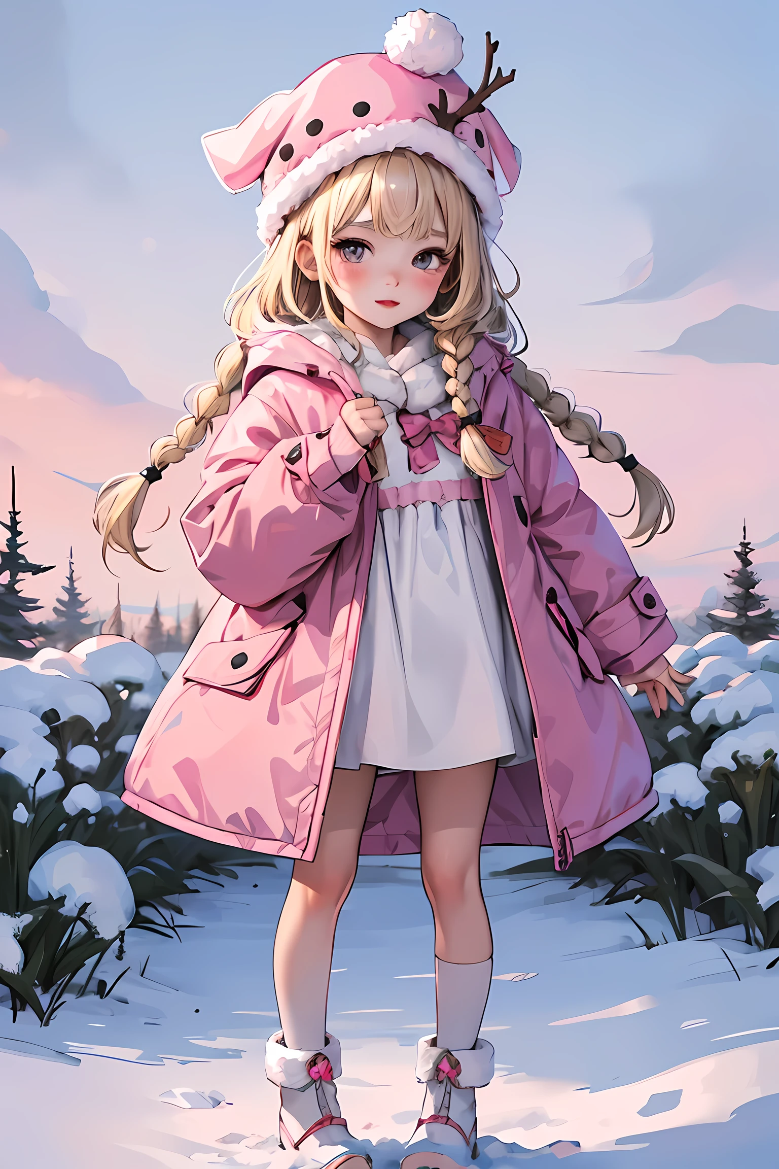 Masterpiece, best quality, full body of a realistic  sweetness Baby chibi Girl  winter freckled two  braids in her long white blonde hair  she is playing  in a enchanted winter  magic garden , Clipart digital art style,  pink colors,  pink coat and hat, very detailed