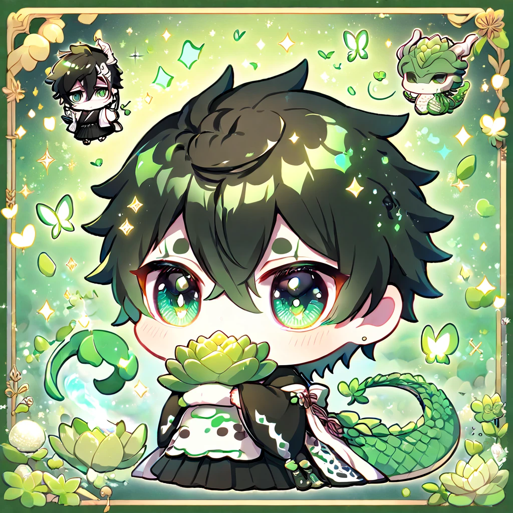 absurdres, highres, ultra detailed, HDR, master piece, best quality, Ulquiorra Cifer chibi, black hair, expressive green eyes, bleach, pale skin, cute, hugging a green dragon, white haori, black kimono, patterns, magical, fantasy, green background, green lotus, shining, green petals, green glittering butterflies
