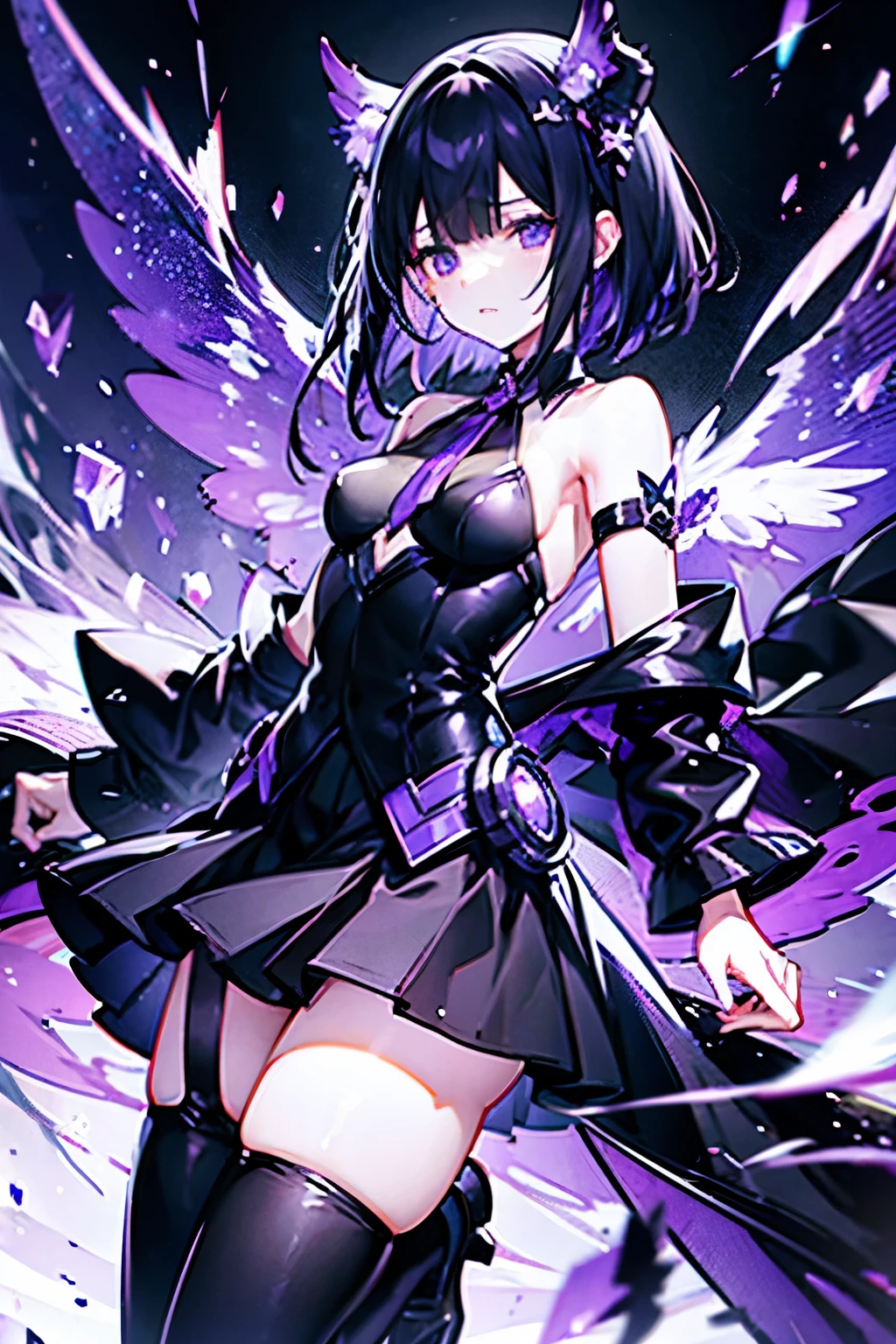 a dragon girl from the universe with short starry black hair with purple and black horns and a black tail with BLACK clothes and a skirt and a purple blouse showing her shoulders with star details full body with black boots and a star at the tip with a sock dark purple WITHOUT SENARIO AND WITHOUT WINGS