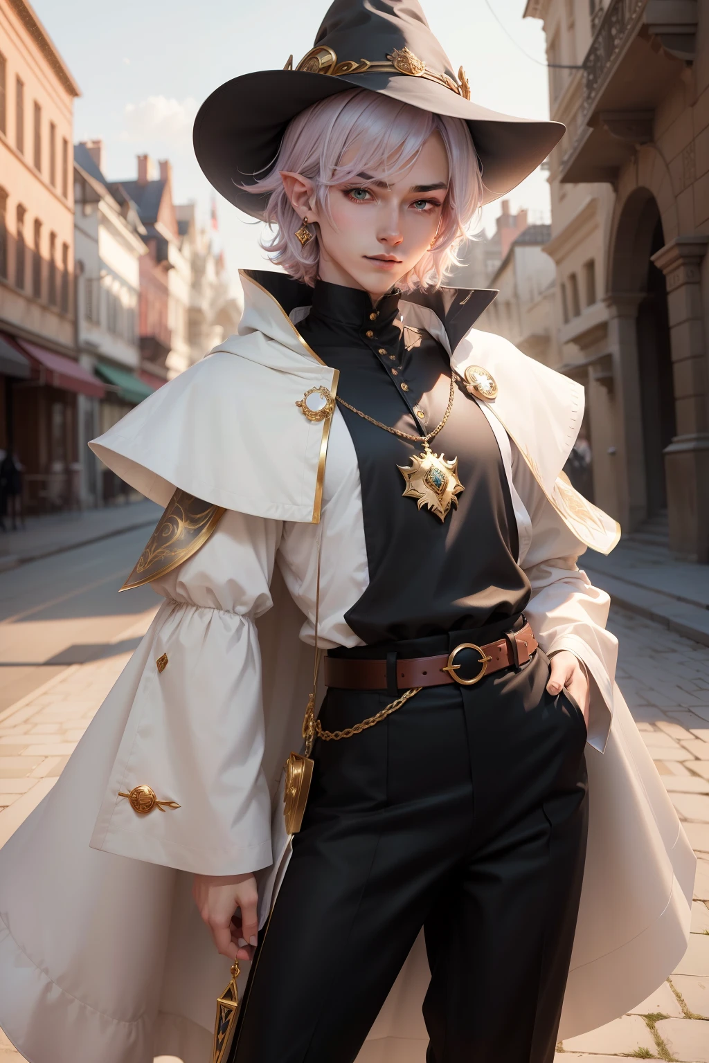arafed non - binary model male, androgynous, androgynous femboy, beautiful androgynous femboy, androgyny, androgynous person, delicate androgynous prince, non binary model, beautiful androgynous prince, zac retz, lil peep, zero g pretty anime male with light peach color hair and grey eyes, big fluffy hair, wolfcut hair, fluffy hair with thick bangs over eyes, wearing white medieval men's shirt with puffy white sleeves, uzzlang male, fashionable, uzzlang male, attractive pretty male, male anime, horse riding boots, black cape with red inside, wizard hat in black and red inside, gold accents, elf with gold earrings, elf ears, gold jewelry, full body, long sleeves, black pants, kpop boyband face, ethreal beauty, cute pose, smiling, shy, timid, cute, short hair, anime male, peach colored hair, green eyes, wearing large gandalf like wizard hat