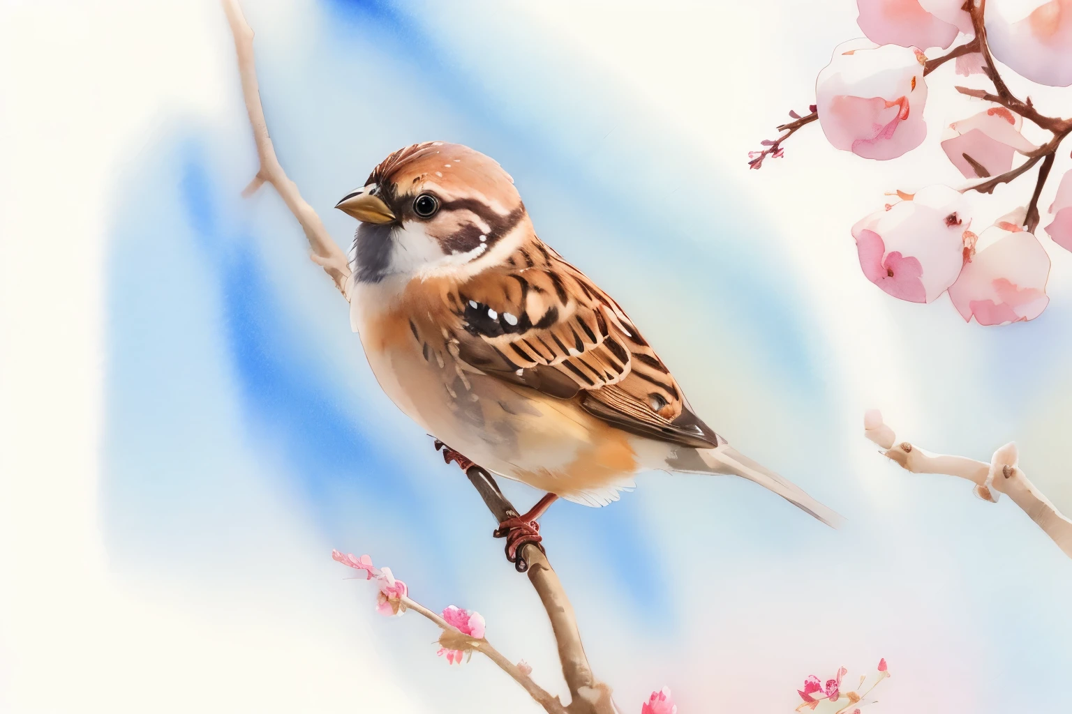 木の枝にとまる小birdがいる, Sparrow, bird, hyperrealistic Sparrows, cotton, mens, wide, Sparrow油孔食, Filmed, Sender, birb, bird, woman, Portrait of Biology, Australia, wild animals, Shaded, wide肩幅, Profile shot, Close-up photo, Close-up photo、highest quality、Watercolor style、Near and far、Golden Ratio、