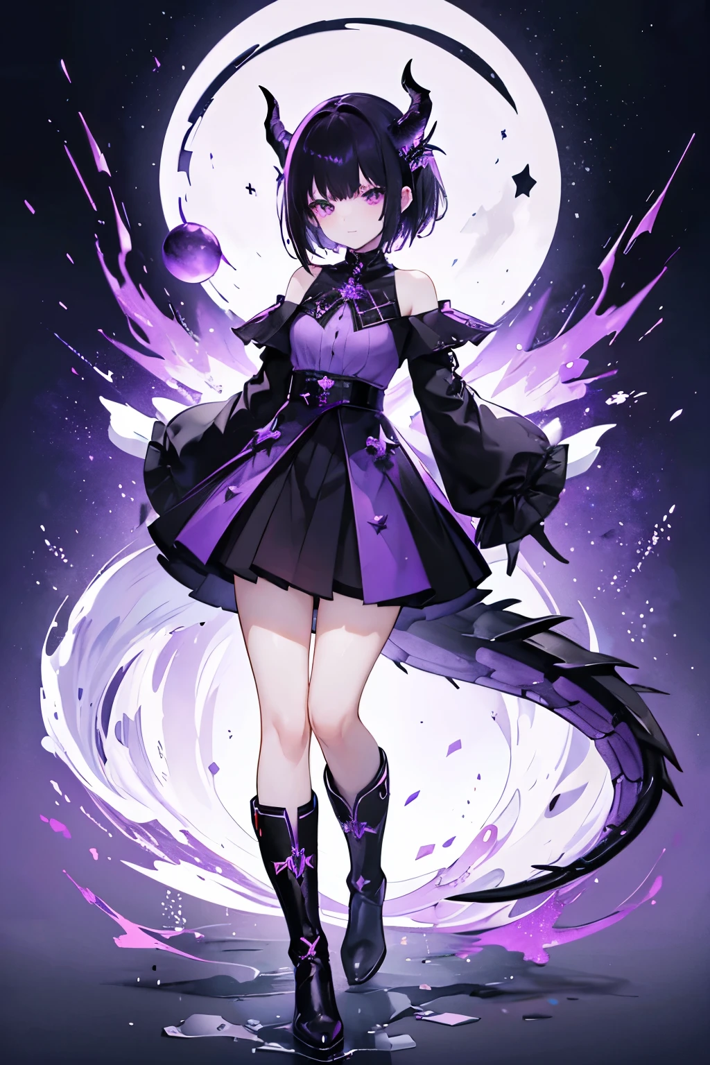 a dragon girl from the universe with short starry black hair with purple and black horns and a black tail with BLACK clothes and a skirt and a purple blouse showing her shoulders with star details full body with black boots and a star at the tip with a sock dark purpleNO SENARIO