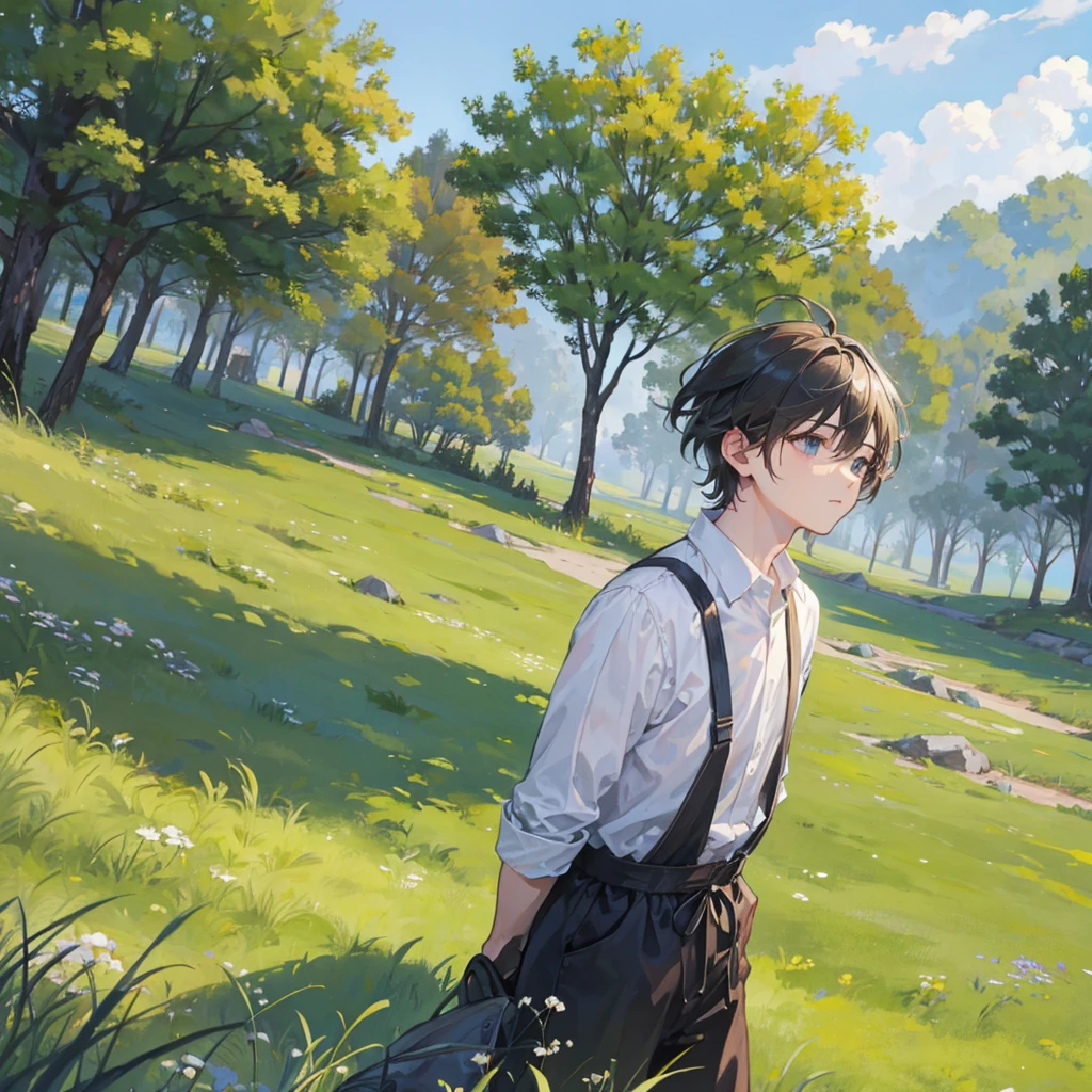 4k realistic, 25 years old, boy, grass, nature, messy hair, short hair