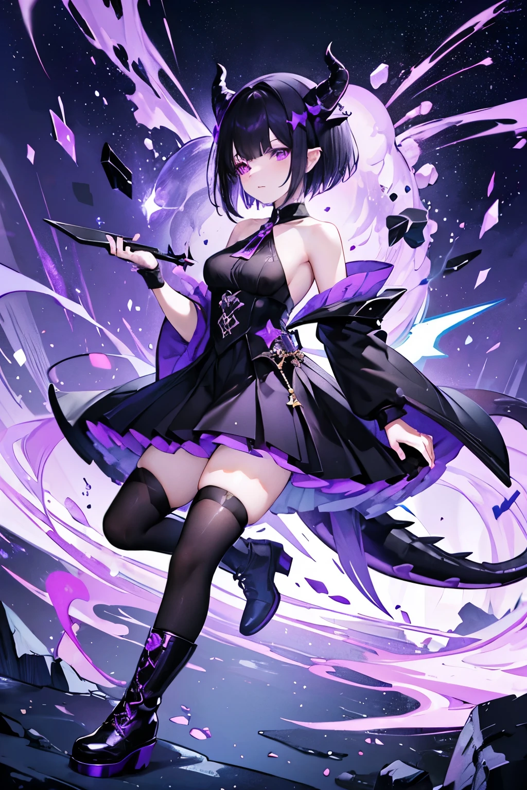 a dragon girl from the universe with short starry black hair with purple and black horns and a black tail with BLACK clothes and a skirt and a purple blouse showing her shoulders with star details full body with black boots and a star at the tip with a sock dark purpleNO SENARIO 