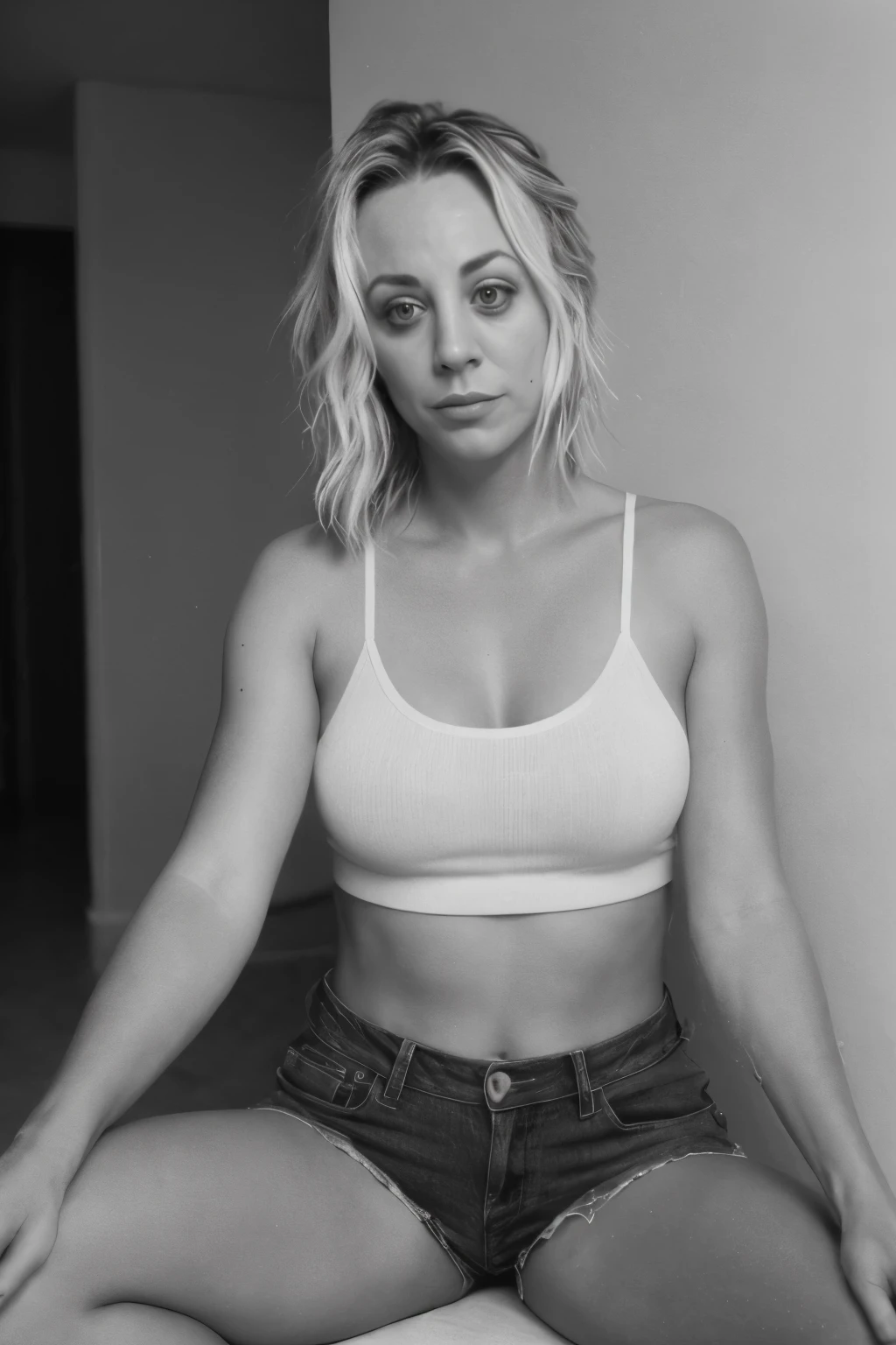 Kaley Cuoco,beauty, beautiful girl, black and white photography, hard contrast, hard shadows, smirk, beautiful makeup, shorts, apartment, arm raised, floor