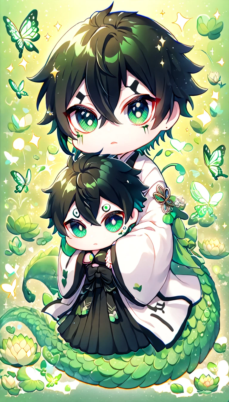 absurdres, highres, ultra detailed, HDR, master piece, best quality, Ulquiorra Cifer chibi, black hair, expressive green eyes, bleach, pale skin, cute, hugging a green dragon, white haori, black kimono, patterns, magical, fantasy, green background, green lotus, shining, green petals, green glittering butterflies