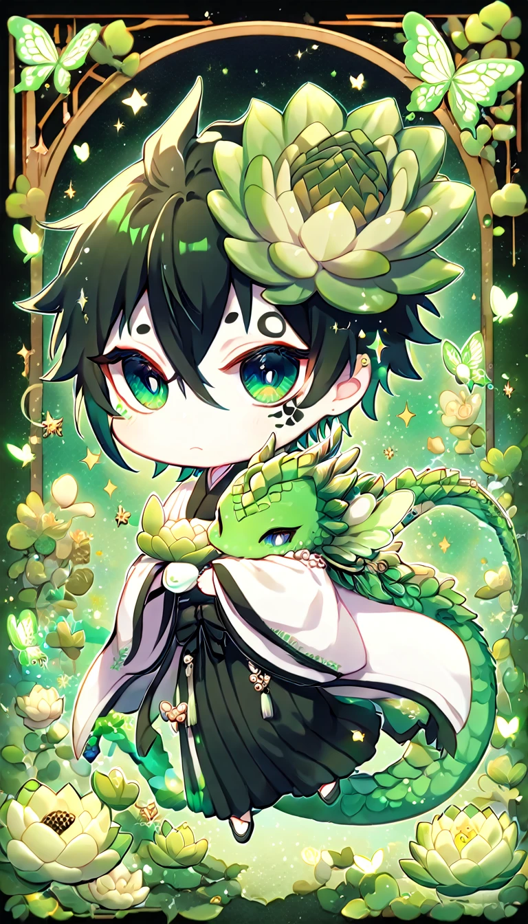absurdres, highres, ultra detailed, HDR, master piece, best quality, Ulquiorra Cifer chibi, black hair, expressive green eyes, bleach, pale skin, cute, hugging a green dragon, white haori, black kimono, patterns, magical, fantasy, green background, green lotus, shining, green petals, green glittering butterflies
