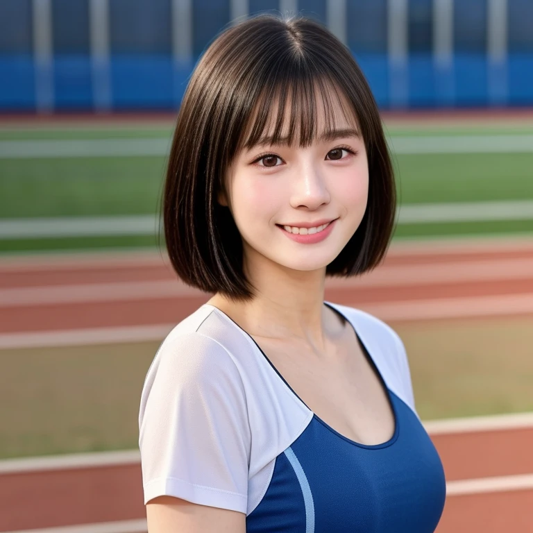 (kawaii 24 year-old Japanese girl, Nogizaka idol, Korean idol, track and field player), healthy female athlete body, glossy black hair, (very short hair, bangs:1.2), beautiful black eyes, rounded face, single eyelid, (no makeup:1.2), (big laughing), (training t-shirt:1.3), extra small breasts, BREAK, (track and field stadium background:1.2), (dynamic angle and posing, bust shot:1.2), BREAK, (masterpiece, best quality, photo realistic, official art:1.4), (UHD, 8K quality wallpaper, high resolution, raw photo, golden ratio:1.3), (shiny skin), professional lighting, physically based rendering, award winning, (highly detailed skin texture, extremely detailed face and eyes textures), Carl Zeiss 85 mm F/1.4, depth of field, (1girl, solo),
