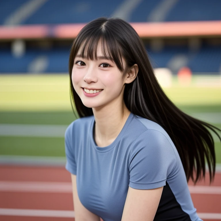 (kawaii 24 year-old Japanese girl, Nogizaka idol, Korean idol), track and field player, healthy female athlete body, glossy black hair, (very short hair, bangs:1.2), beautiful black eyes, rounded face, single eyelid, (no makeup:1.2), (big laughing), (training t-shirt:1.3), extra small breasts, BREAK, (track and field stadium  background:1.2), (dynamic angle, bust shot:1.2), BREAK, (masterpiece, best quality, photo realistic, official art:1.4), (UHD, 8K quality wallpaper, high resolution, raw photo, golden ratio:1.3), (shiny skin), professional lighting, physically based rendering, award winning, (highly detailed skin texture, extremely detailed face and eyes textures), Carl Zeiss 85 mm F/1.4, depth of field, (1girl, solo),