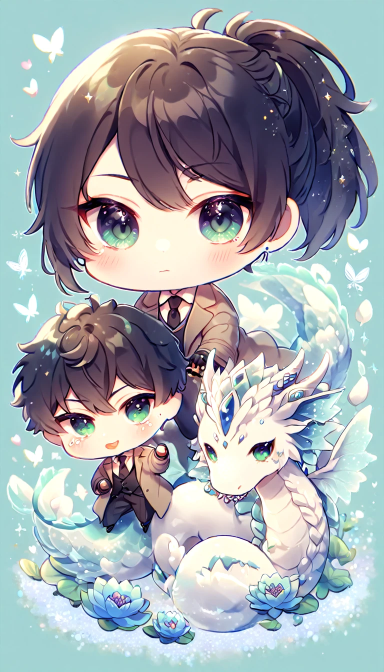 Ultra detailed, HDR, Highres, absurdres, master piece, Ginoza Nobushika chibi, black hair tied in a ponytail, expressive green eyes, Psycho Pass, blue glittering butterflies, petals, blue lotus, cute, magical, man, extremely detailed face and eyes, handsome, glittering, fantasy, white shirt, brown coat, black necktie, hugging a ice dragon, black gloves, love, blue background