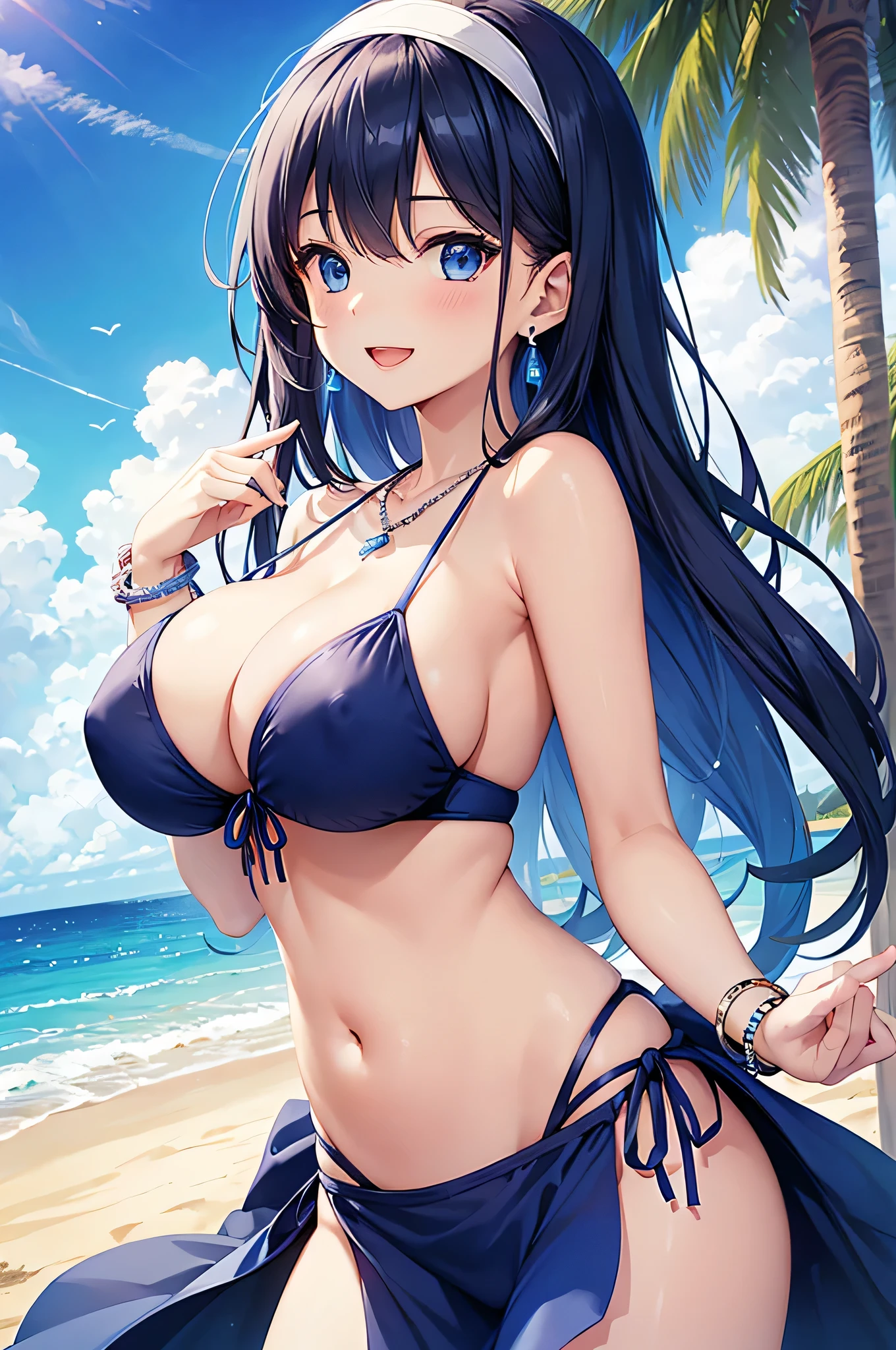 highest quality、Best image quality、masterpiece、beautiful girl、Navy blue long hair、blue eyes、Navy Blue Bikini、Big cleavage、(Big Breasts)、smile、blue necklace、Blue Earrings、background(Beach)、Sexy pose、Please open your mouth wide、White headband、Put your chest together、bracelet