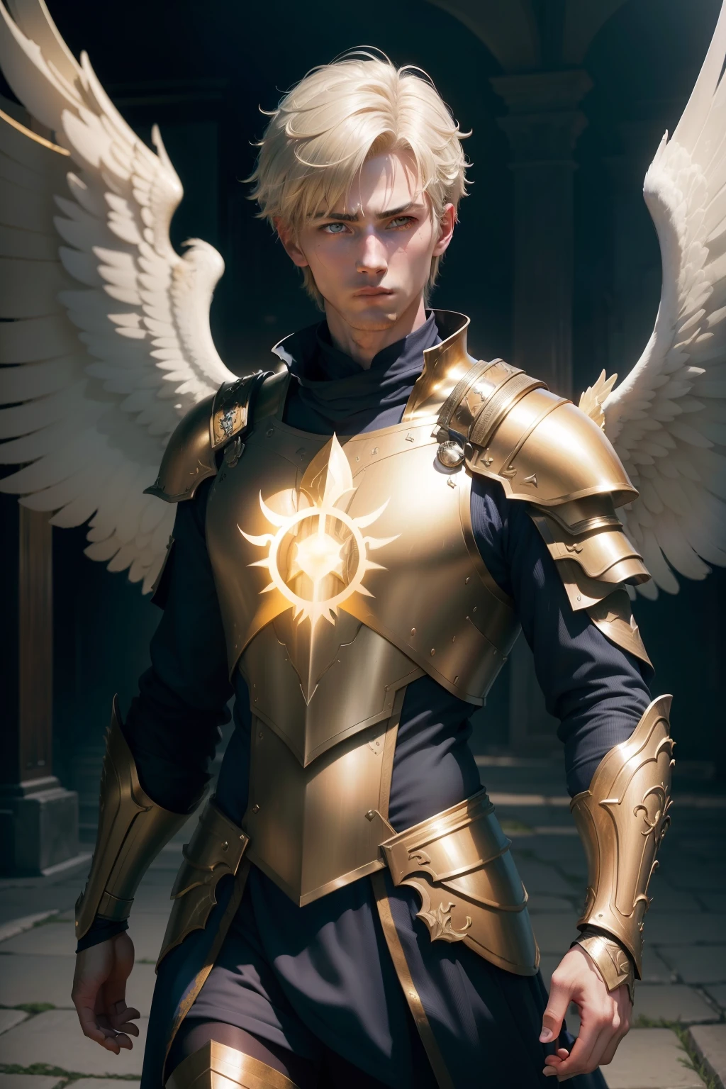 (RAW photo, 4k, artwork, high resolution, extremely complex) (Realistic: 1.4), cinematic lighting, (((a male character))), ground focus, day, medieval\(style\), (best quality), (high resolution), (Silver armor with dark blue details),(8k expressionless face),(yellow eyes),(ulzzang-6500:1.0),(Alone),(short blonde hair),(viewers) ,(no mask),lookside,(side),(Heavenly environment),((speed)),((large golden wings open)),(Reality),