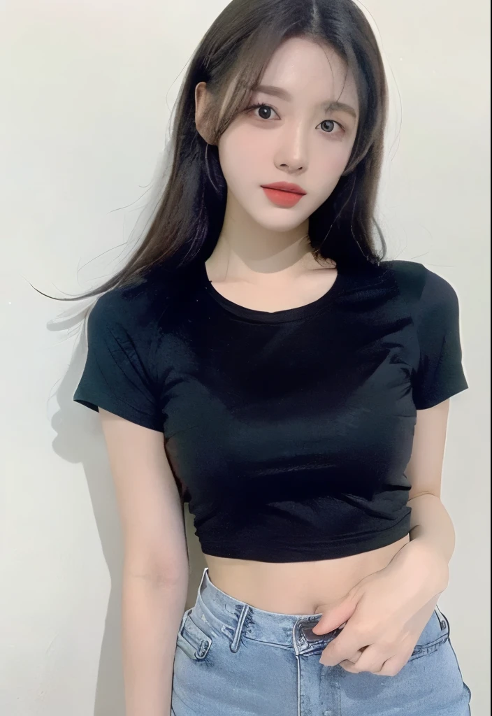（lifelike， high - resolution：1.3）， 1 girl with a perfect body， Super fine face and eyes，long hair， Oversized t-shirt of random colors：1.2， short jeans， medium 
