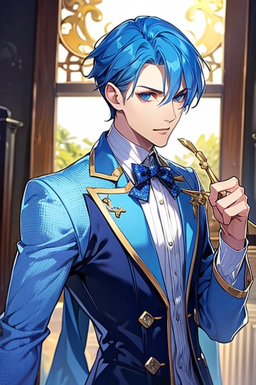 Sparkling Fantasy Fantasy masterpiece highest quality One Man Blue Hair blue eyes Cool clothes