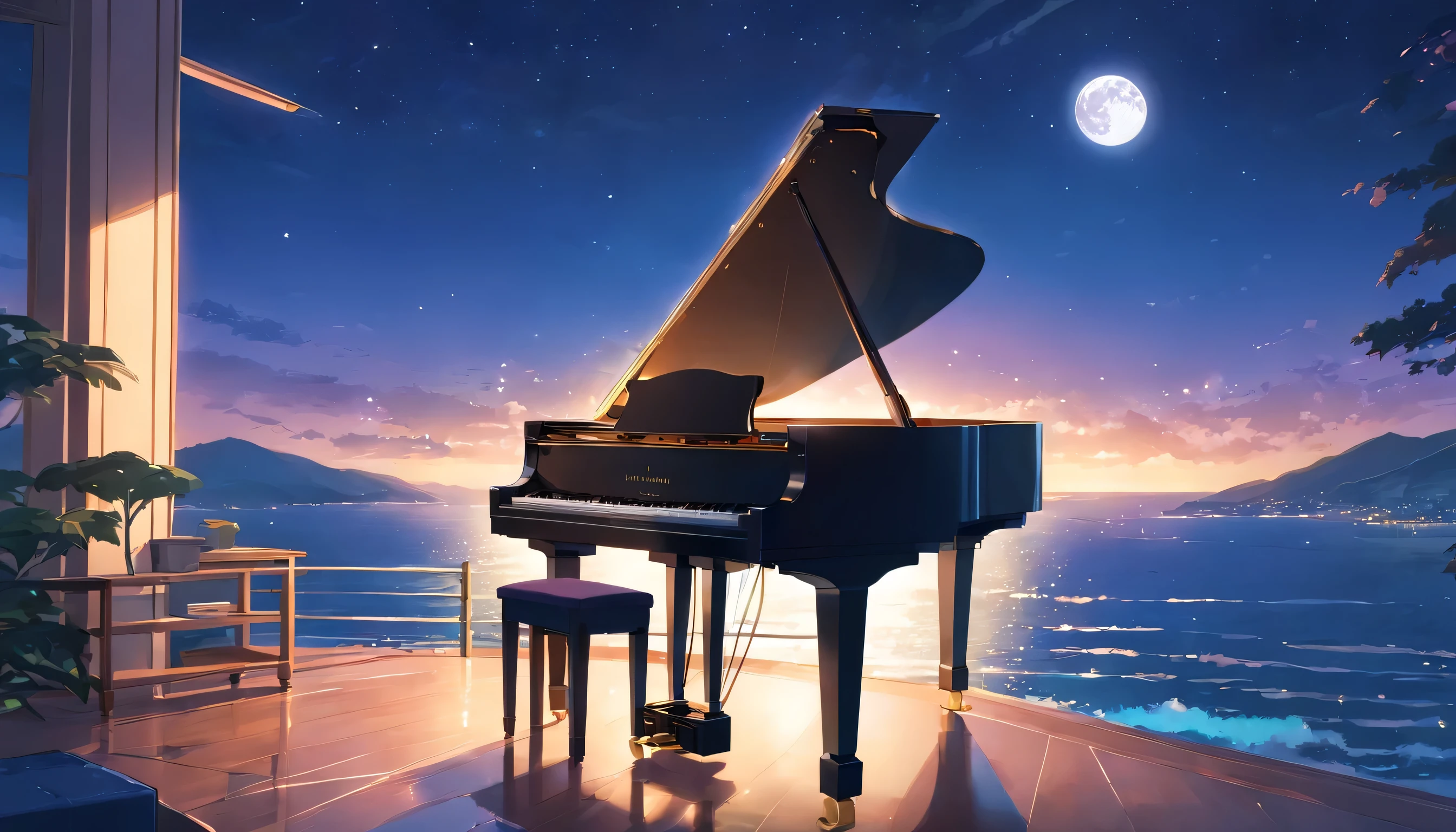 A grand piano illuminated by the full moon、You can see the ocean from the hilltop、The moonlight is reflected in the sea、There are no people、Grand piano only