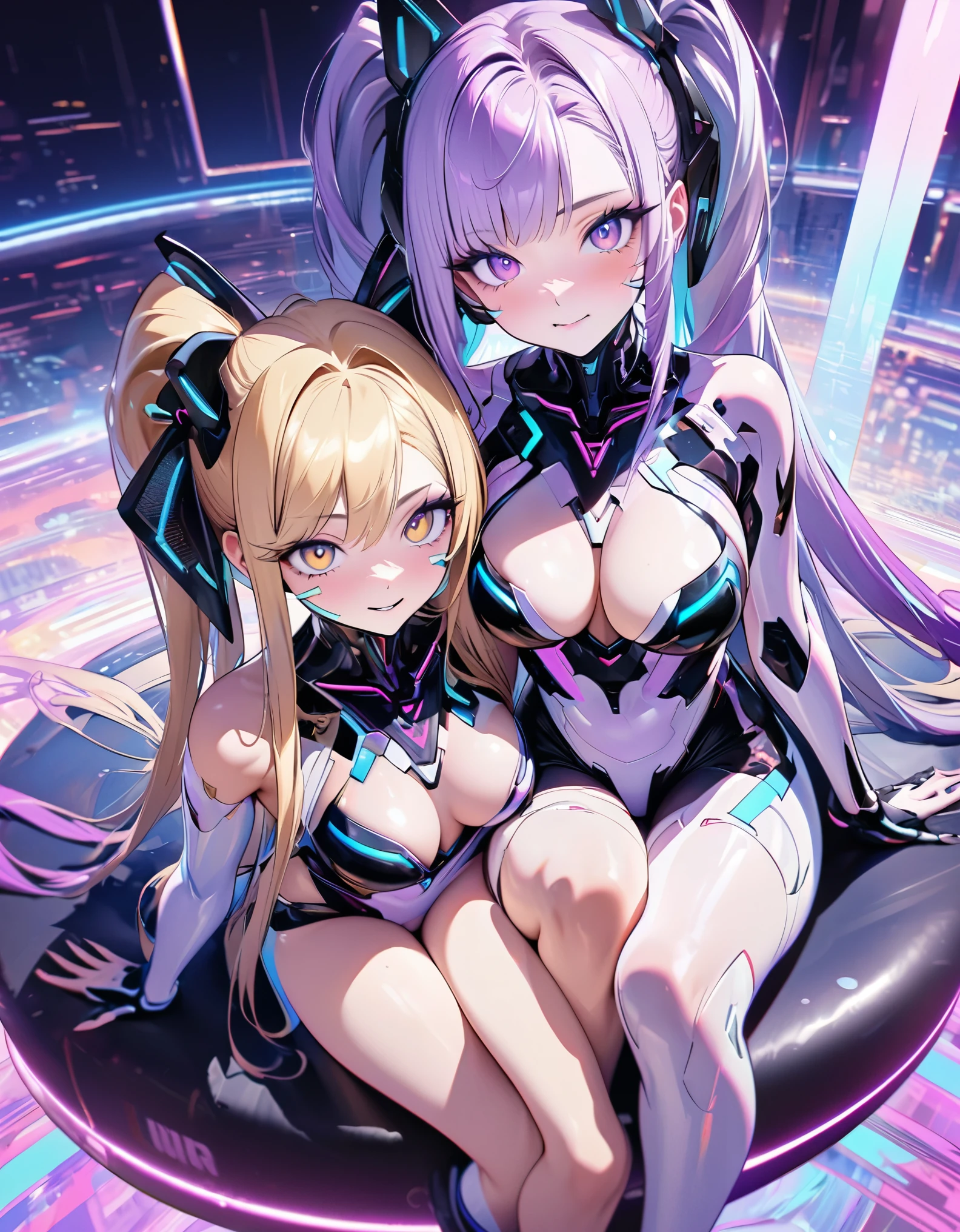 selfie, best quality, super fine, 16k, incredibly absurdres, extremely detailed, delicate and dynamic, (two cool and beautiful pretty cyber women:1.7), (cute cyber woman with purple eyes and braided low twin tails with gradient from white to purple at the ends), and (cool beauty cyber woman with gold eyes and blonde ponytail), sitting on a giant magic circle disk, analyzed iridescent pastel color background, various image beauty effects, (magnificent view:1.3)