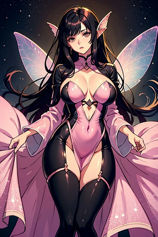 A twenty two year faery girl, with long black hair and dark brown eyes. She is skinny with and thighs. She has beautiful iridescent and pink fairy wings. Long black hair and brown eyes. Has a pink silk dress, that covers her whole body.