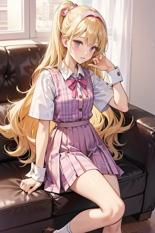masterpiece, high quality, 1 girl, Improve, blonde hair, pink eyes, pink uniform half-taken off,Cute white and pink underwear fully visible、 Thighhighs, pink good、sexy、cute、