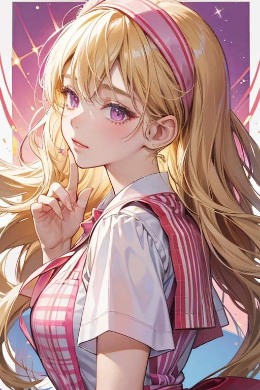 Yume has long light blonde hair that frames her face in the front and curls at the sides and back. She typically wears a lilac plaid headband with a heart shaped clip on the side.
Her consists of a white shirt with dark pink cuffs and four buttons, as well as a dark pink pleated skirt a red ribbon, white socks and coffee brown Mary Jane shoes. As for her summer uniform, she wears a short-sleeved shirt with a light blue vest and a creamy-white skirt with a red stripe at the bottom. SPARKLE; GLITTER