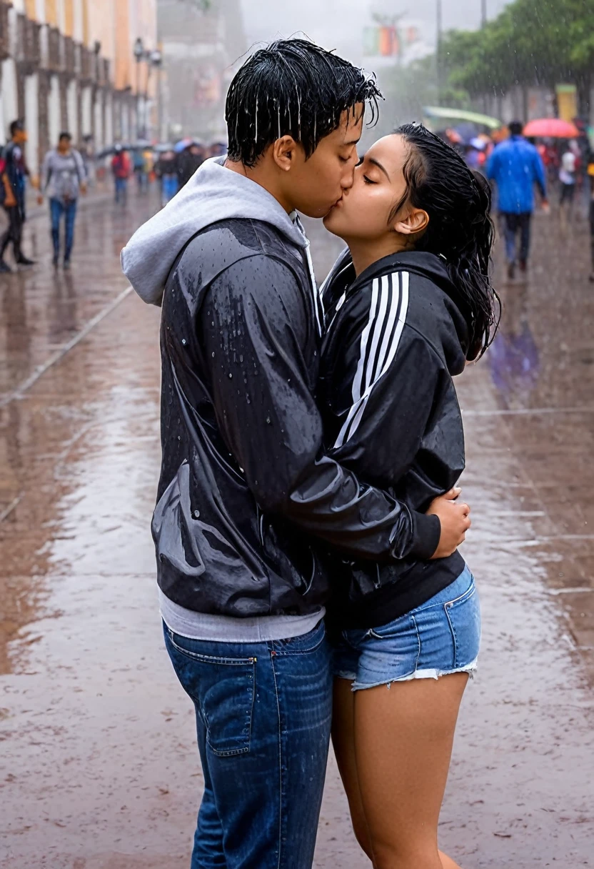 18-year-old Mexican girl, thin complexion with a somewhat large bust, a medium and firm butt, wearing wet casual clothes in a plaza in Mexico with the rain, kissing a slightly fat 17-year-old white boy with short black hair, wearing a wet sweatshirt as if it were a selfie