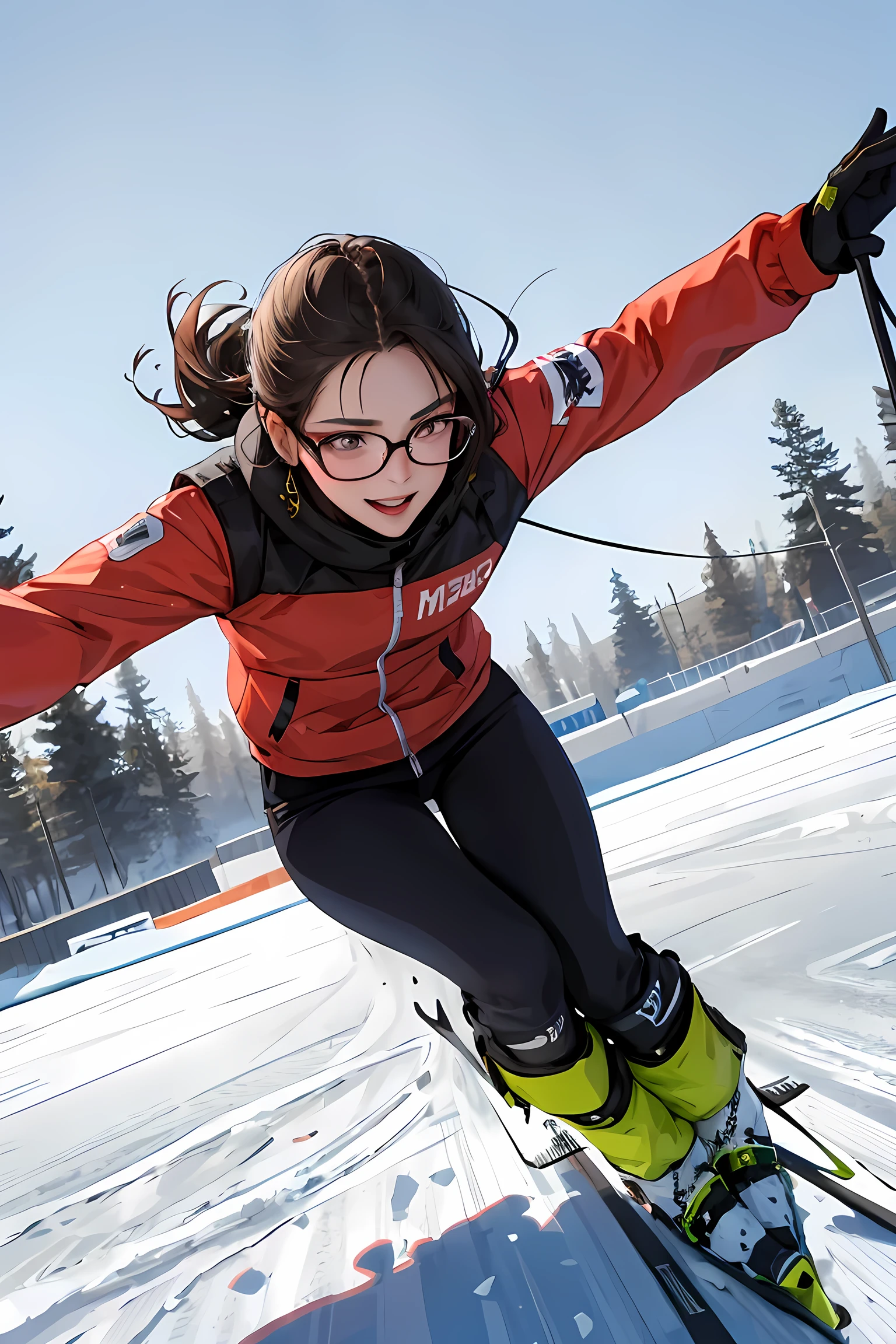 Masterpiece, best quality, A 25-year-old colombian girl, wears glasses, loves sports like ice skiing, snowboarding, and playing the piano.