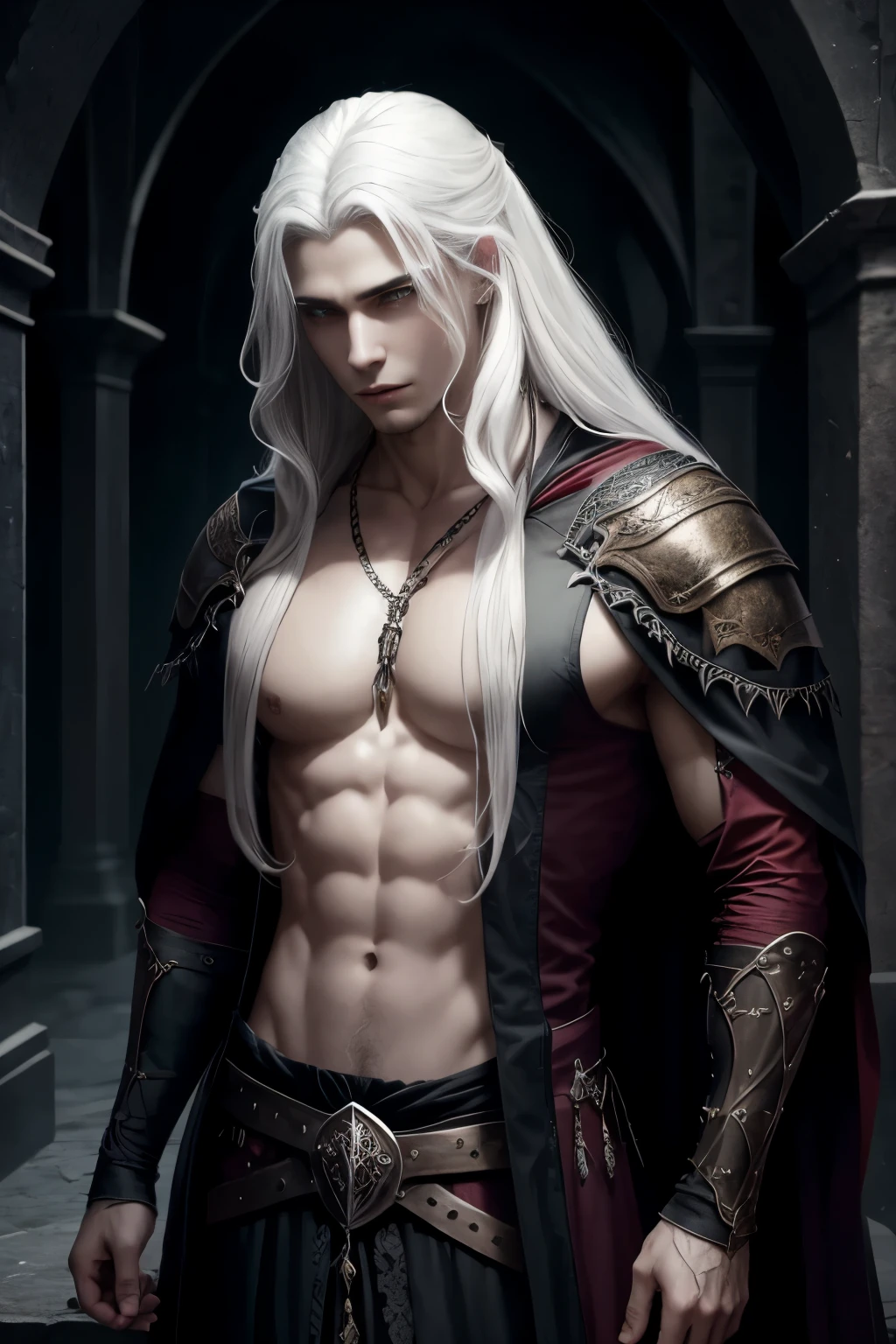 Dark fantasy, Medieval, Gothic, Vampire, Young guy, with long white hair, strong build, open chest, hd