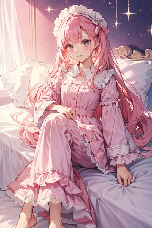 pajamas consist of a pink frilly long-sleeved dress over pink knee-length pants with frilled trim. The cuffs have white lace, and it also has white lace along the chest, as well as a white collar and a white button in front. SPARKLE; GLITTER