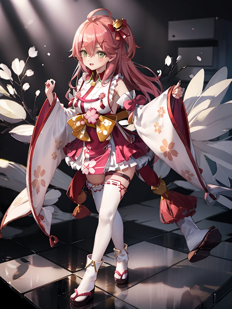 masterpiece, best quality, 1 girl, solo, miko1, sakura miko, 1girl, green eyes, solo, ahoge, x hair ornament, pink hair, single thighhigh, sideboob, hairclip, hair bell, floral print, long hair, hair between eyes, one side up, white thighhighs, asymmetrical legwear, wide sleeves, looking through legs, full body,