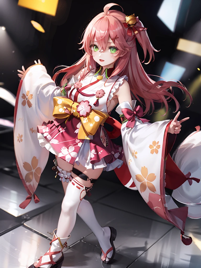 masterpiece, best quality, 1 girl, solo, miko1, sakura miko, 1girl, green eyes, solo, ahoge, x hair ornament, pink hair, single thighhigh, sideboob, hairclip, hair bell, floral print, long hair, hair between eyes, one side up, white thighhighs, asymmetrical legwear, wide sleeves,  looking through legs, full body,
