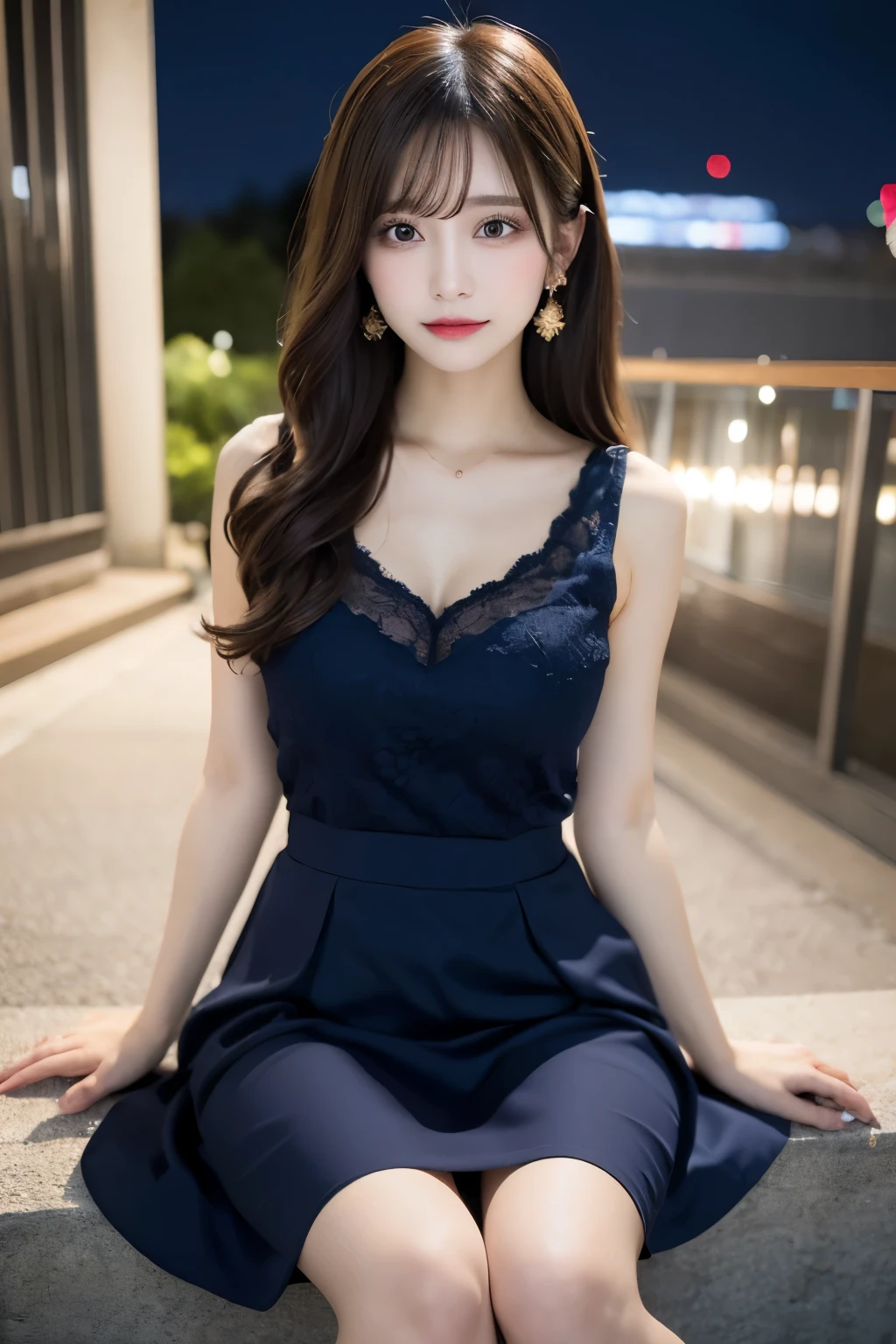 Beautiful eyelashes、High resolutionの顔、Dresses with decoration、Please wear a knee-length skirt、Zoom out、Night view、22 years old、Knee-length viewing angle、Blue Dress Stay Piece, highest quality, figure, Super detailed, In detail, High resolution, 8k wallpaper, Beautiful fine details, Random cute hairstyles, c cup breasts, Natural color lip