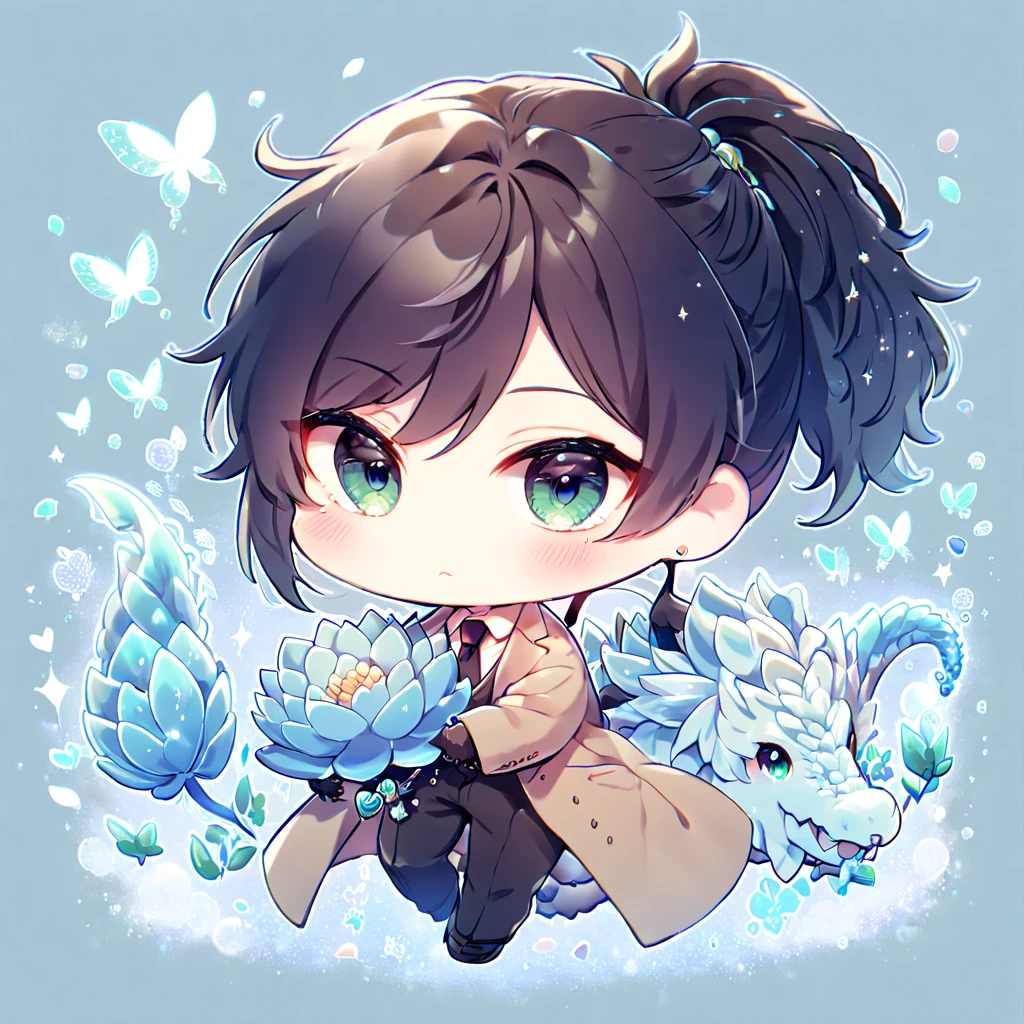 Ultra detailed, HDR, Highres, absurdres, master piece, Ginoza Nobushika chibi, black hair tied in a ponytail, expressive green eyes, Psycho Pass, blue glittering butterflies, petals, blue lotus, cute, magical, man, extremely detailed face and eyes, handsome, glittering, fantasy, white shirt, brown coat, black necktie, hugging a ice dragon, black gloves, love, blue background