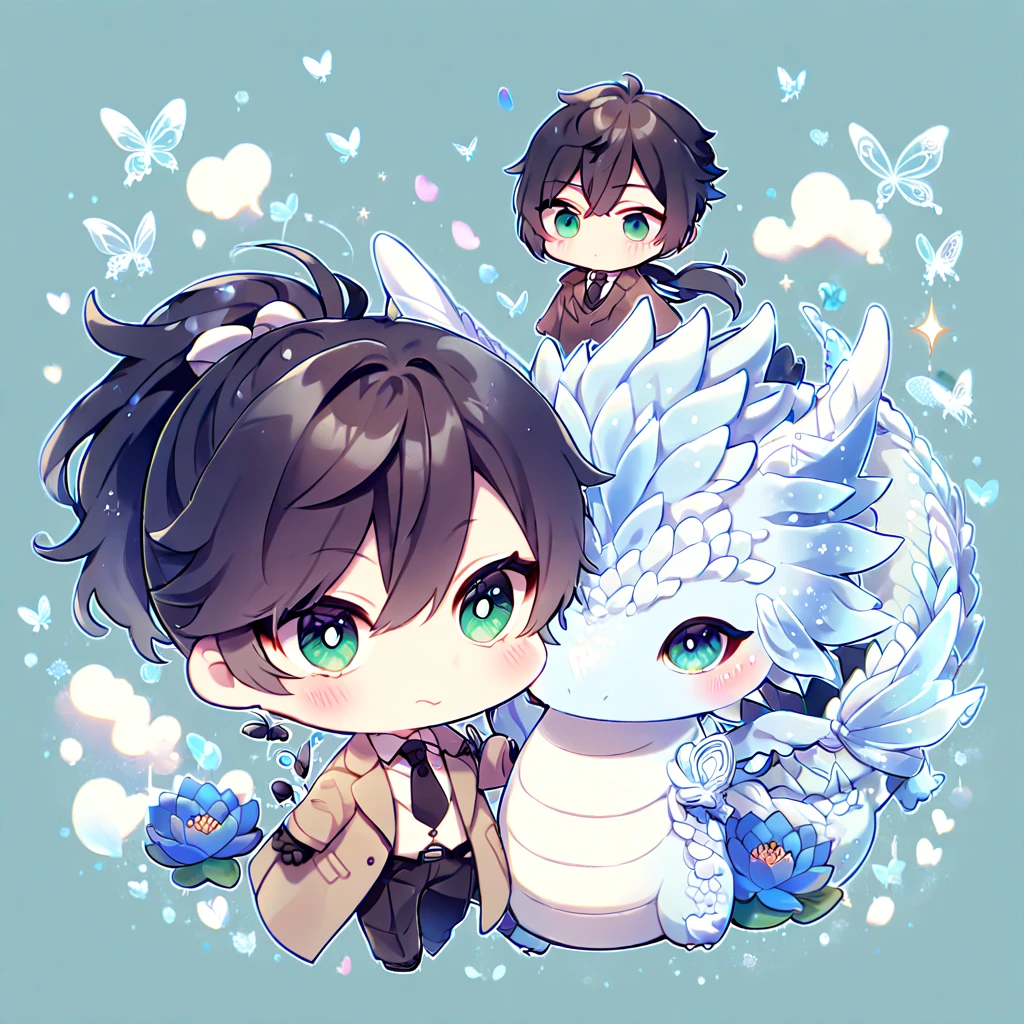 Ultra detailed, HDR, Highres, absurdres, master piece, Ginoza Nobushika chibi, black hair tied in a ponytail, expressive green eyes, Psycho Pass, blue glittering butterflies, petals, blue lotus, cute, magical, man, extremely detailed face and eyes, handsome, glittering, fantasy, white shirt, brown coat, black necktie, hugging a ice dragon, black gloves, love, blue background