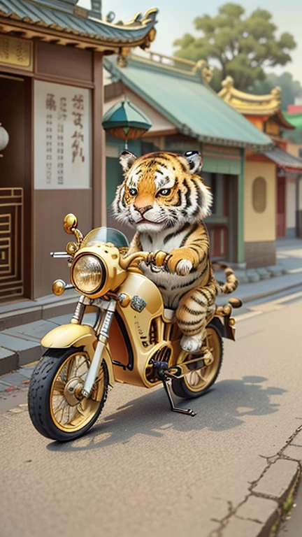IvoryGoldAI,(Cute little tiger), (riding an electric bike),Chinese ancient city