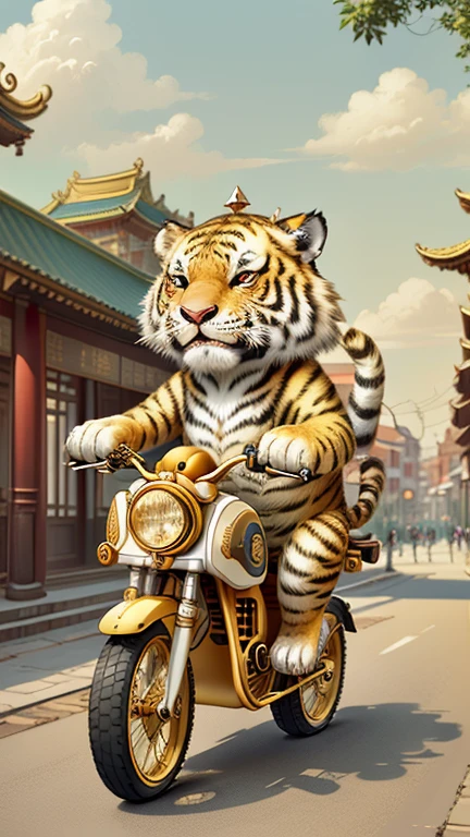 IvoryGoldAI,(Cute little tiger), (riding an electric bike),Chinese ancient city