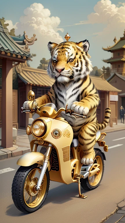 IvoryGoldAI，(Cute little tiger), (riding an electric bike)，Chinese ancient city