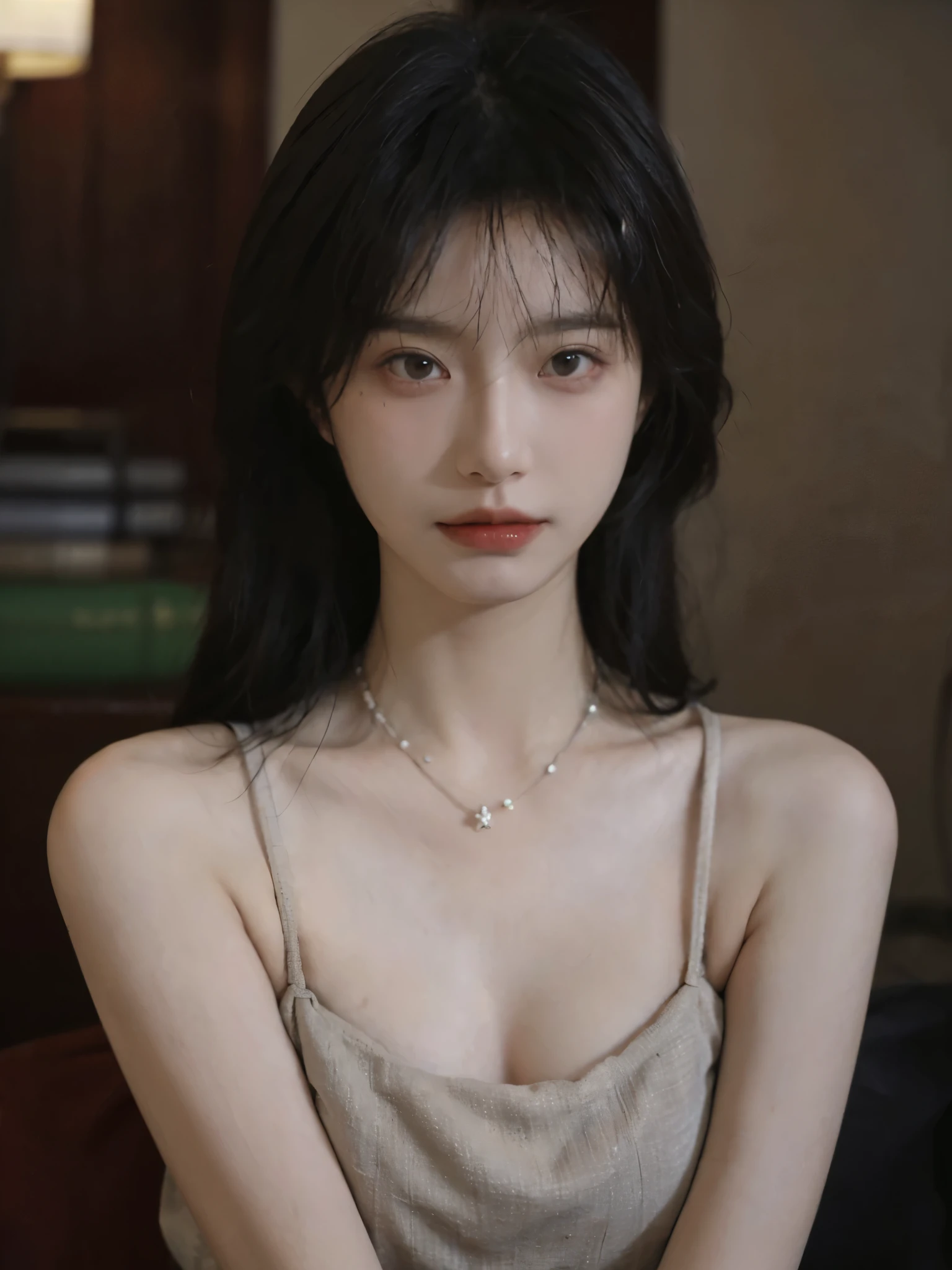 Film portrait photography, 2 girls, Bare shoulders,Lipstick，（flat chest：1.4）， Wear a necklace，Cute expression,Exquisite makeup，Red suspenders，serene, calm, (Realistic and detailed eyes, Natural skin texture, Realistic facial details), Big breasts：1.6，Big Breasts，Soft dramatic lighting, Depth of Field, Bokeh, Vibrant details, Detailed and detailed, Surreal, 35mm film, hazy, ,