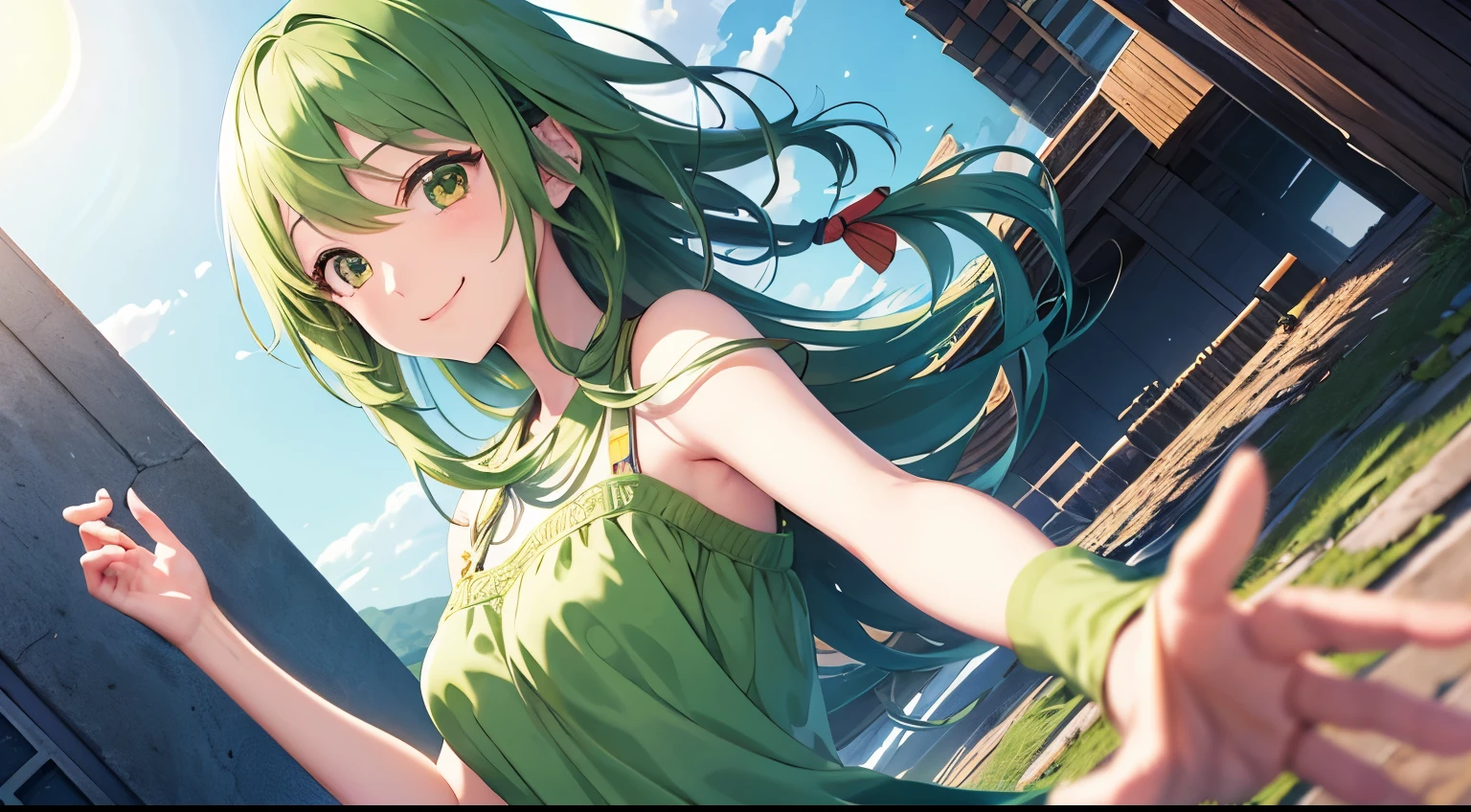 GUMI、Alone, he looks at me and reaches out to hold my hand、smile、Anime Style、masterpiece, highest quality, Super detailed, Beautiful illustrations