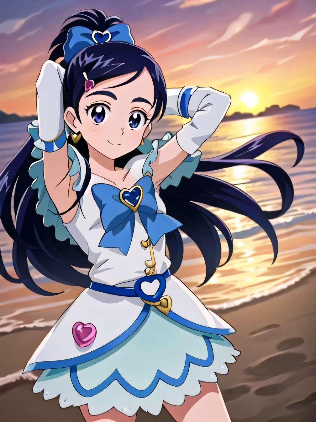 (masterpiece), best quality, (cel anime), highest quality, ((high detail:1.2)), (HDR), (cinematic light:1.1), highres, 1girl, solo, (curewhite:1.5),(little girl:1.5), high quality, solo, night sky, beach, {arms behind head}, contrapposto, closed mouth, spread armpits, (cowboy shot:1.5), looking at viewer, smile,  half updo, jewelry,  earrings, dress, white dress, magical girl, heart brooch, frills, ribbon, bow, black hair,arm warmers, blue hair, heart earrings, black eyes, gloves, hair ornament, smile,