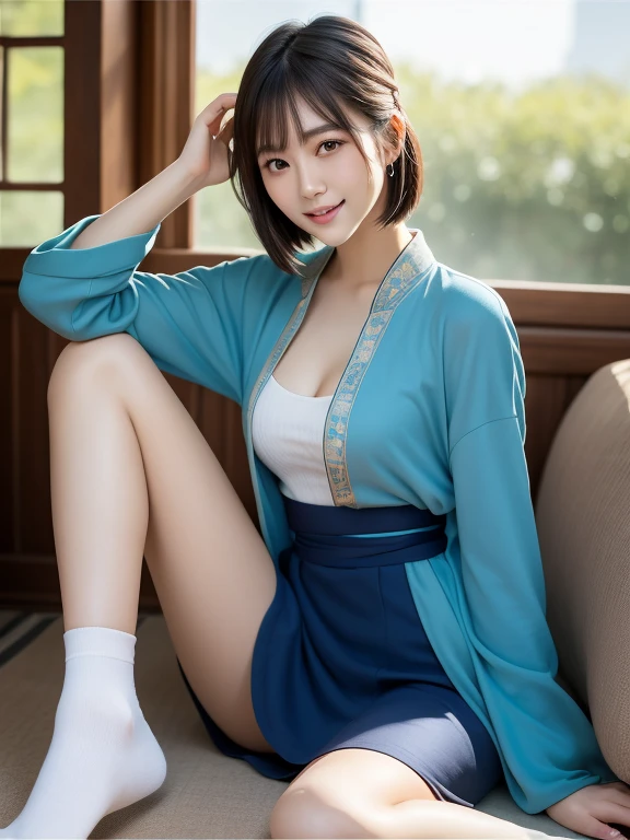 (Highest quality: 1.5), (Realistic: 1.5), (1 person: 1.5), Highly detailed, High resolution, 8k, slightly saggy medium breasts, Natural colored lips, Cute smile, (Japanese woman), 20 year old girl, beautiful and graceful features, perfect and beautiful face, balanced big eyes, brunette eyes, beautiful and graceful features, natural double eyelids, natural bangs, beautiful thin nose, beautiful skin, medium bob hair , natural bangs , perfect and beautiful face, slim face and figure, blue summer sky,  socks, (looking at the camera with a sweet smile), bright lighting, professional lighting, forward lighting, beautiful legs: 1.2, smooth skin, slender body, slim waistline, slim thin thighs,  detailed clothes, Hanfu, shoulders exposed, Beautiful breasts, beautiful cleavage, Dunhuang style,