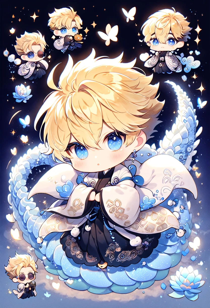 absurdres, highres, ultra detailed, HDR, master piece, best quality, Vash Stampede chibi, blonde hair, expressive blue eyes, Trigun, round amber sunglasses, cute, hugging a blue dragon, white haori, black kimono, patterns, magical, fantasy, blue background, blue lotus, shining, blue petals, blue glittering butterflies