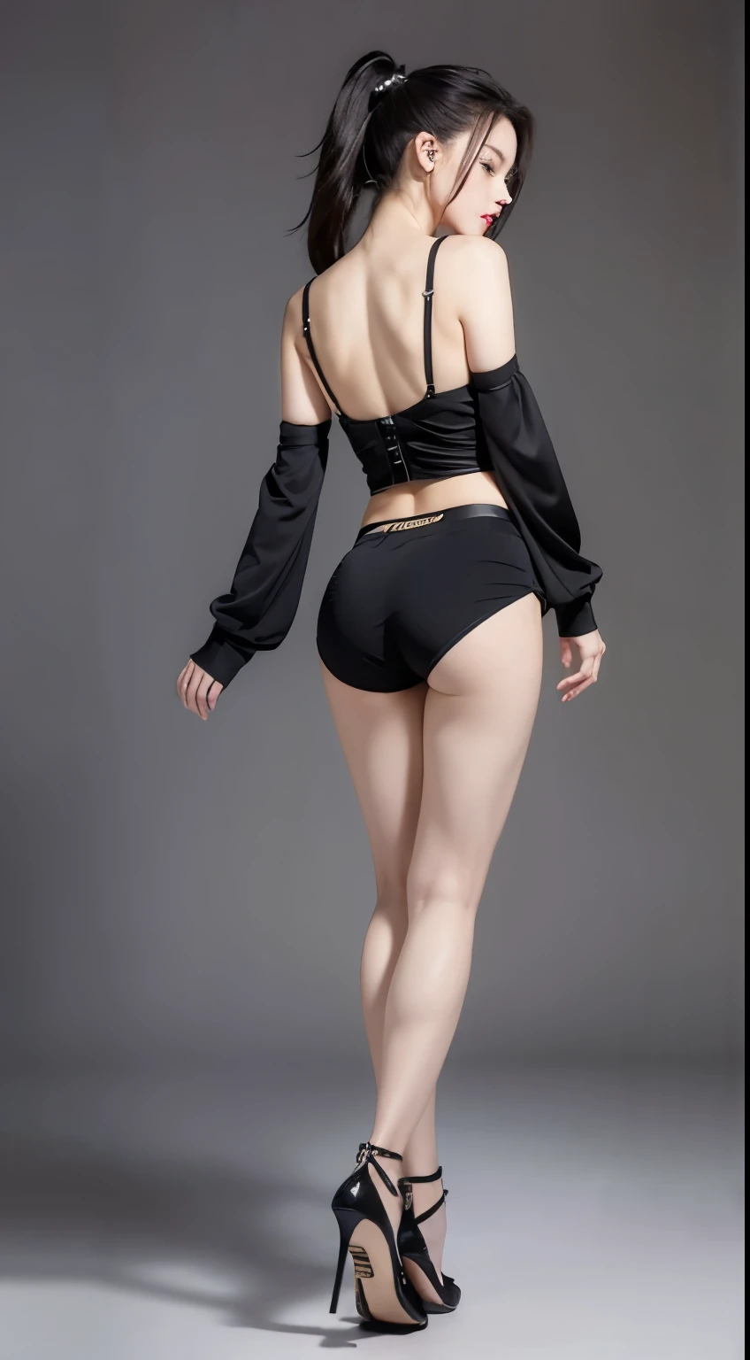 Chinese-Japanese mixed-race high-heeled jazz dancer model,Black clothing,Black shorts,Black extra-high heels,Super beautiful,fit,Slender abs,Long hair,Small waist,beautiful,full-body shot,Clothes are slim-fitting,Smooth lines,The curve is obvious,Long legs,Slender long legs,Beautiful back view。Wearing a high ponytail,Dreadlocks,Doing ballet moves