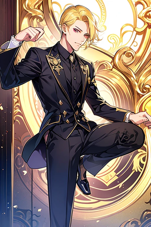Sparkling Fantasy Fantasy masterpiece highest quality One Man Blonde Allback Black suit Pistol Short Hair