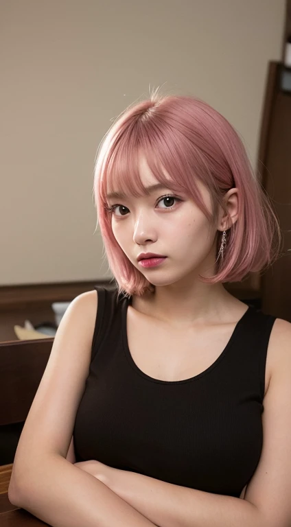 bottomless :1.5),(nude :1.3),Tabletop, highest quality, figure, Super detailed, In detail, High resolution, In 8K,wallpaper, Perfect dynamic composition, Beautiful fine details, Black Tank Top,Short Bob Hair、Pink Hair Color,Big Natural Color Lip, Bold sexy pose,Expressionless、Cold Stare,Harajuku、20-year-old girl、cute、sexy shot looking at camera、In a dark room、Sleeping in bed