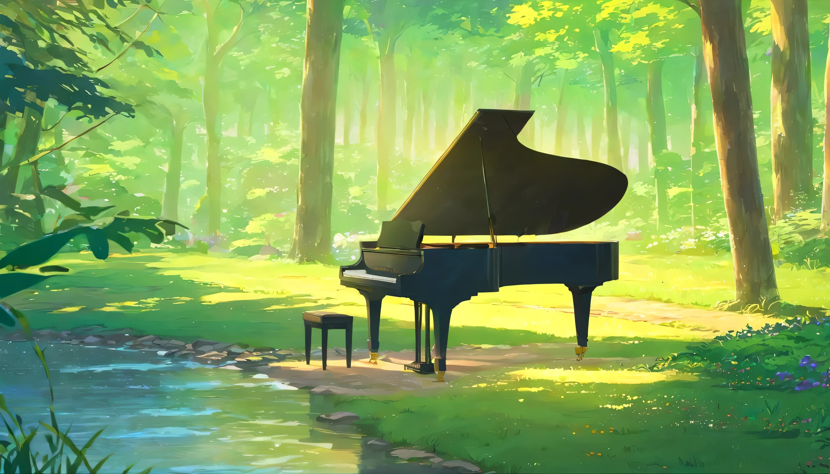 A piano in the middle of the forest by the river、A grand piano placed on a well-maintained grass path、wood々The sun shines in from between、A stream flows、Japanese Gardenossy rock、Japanese garden、There are no people